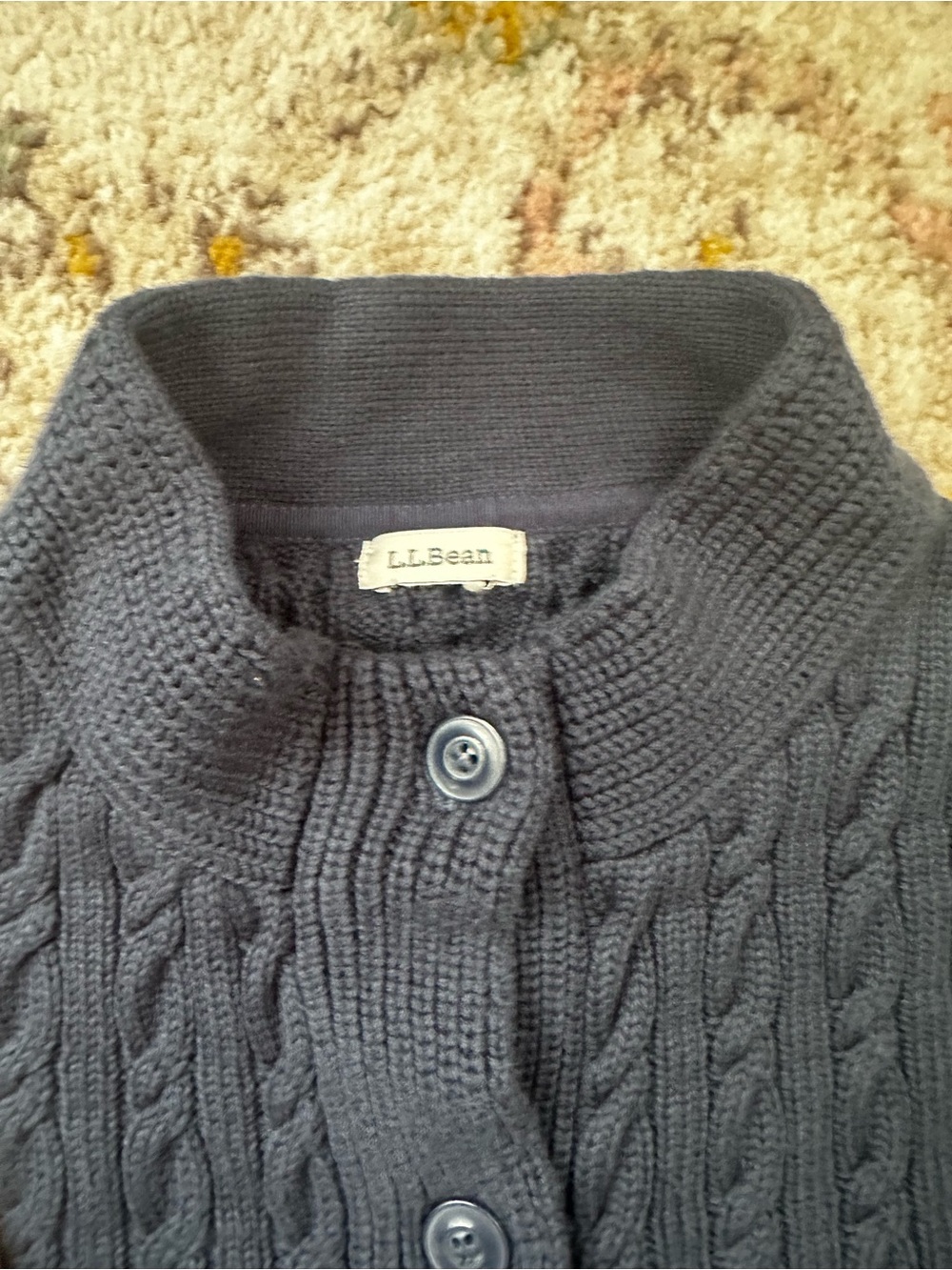 LL Bean Double L Cable Knit Sweater Womens Fits L to XL Navy Button Cardigan - Picture 3 of 7